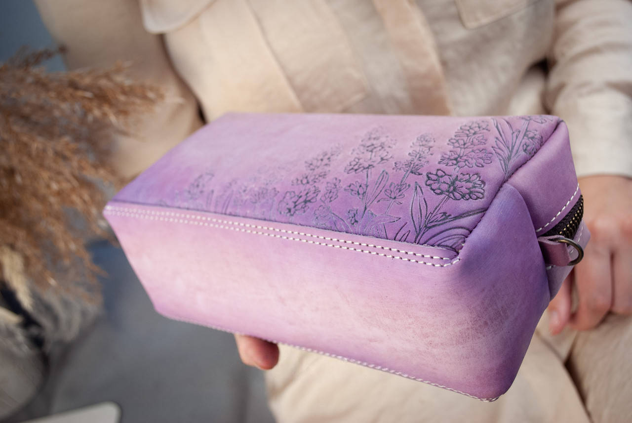 Large Women’s Leather Cosmetic Bag with Hand-Painted Lavender