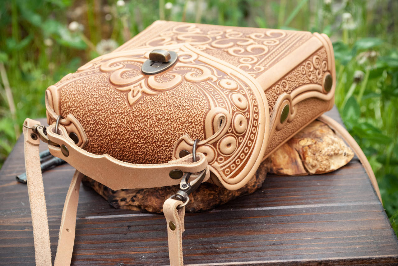 Small Dark Beige Leather Crossbody Backpack with Boho Ornament