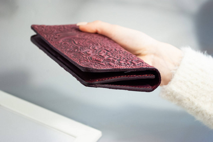 Women's Burgundy Leather Wallet with "Blooming Garden" Embossing