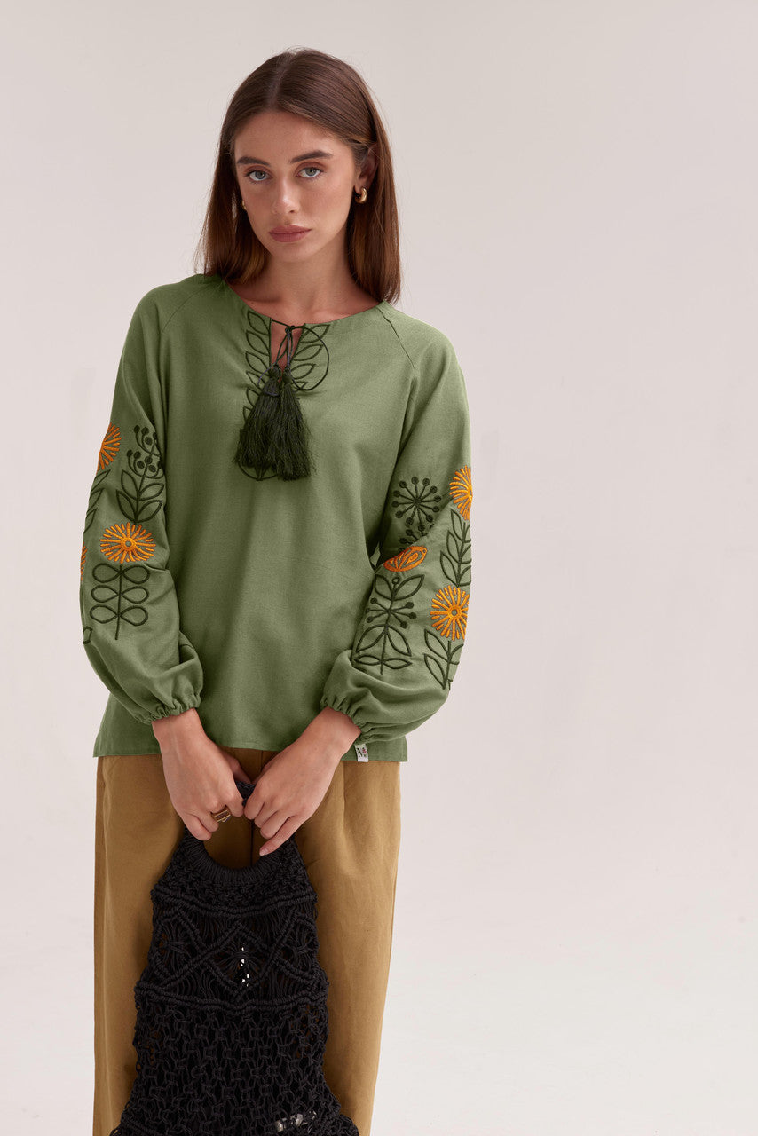 Women's Embroidered Blouse (Vyshyvanka) "Sunflowers" Khaki