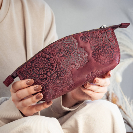 Burgundy Leather Makeup Bag with "Blooming Garden" Embossing