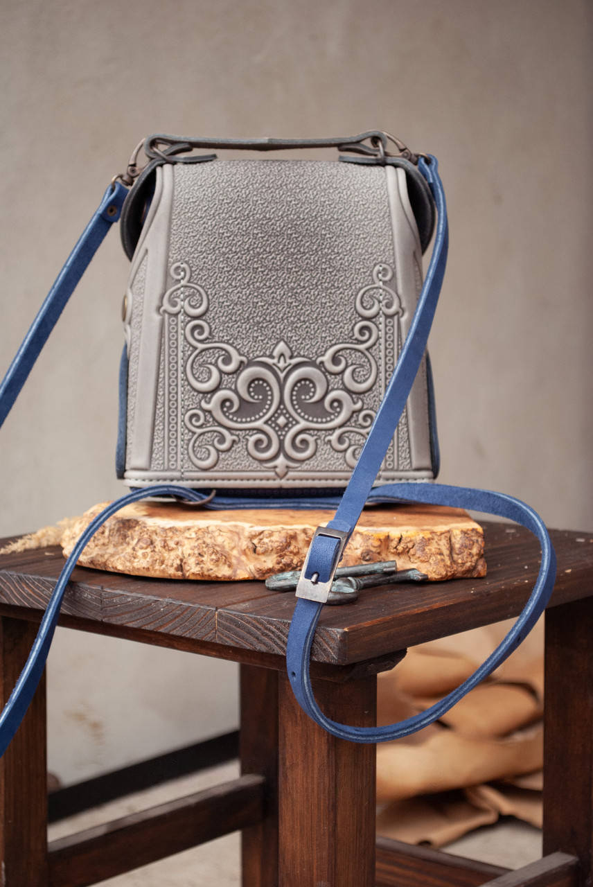 Small Gray-Blue Leather Crossbody Backpack with Boho Ornament