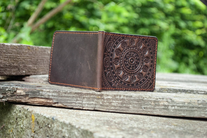 Dark Brown Leather Money Clip with "Sun" Mandala Embossing