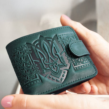 Dark Green Men's Leather Wallet with Ukraine Trident Emblem