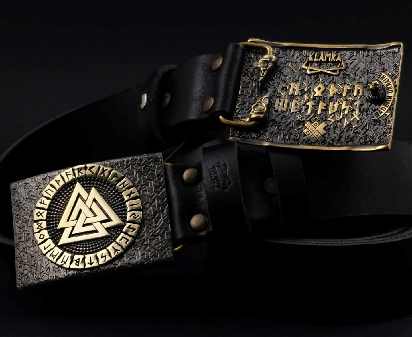 Leather Belt "Valknut" with Brass Buckle