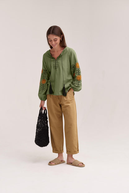 Women's Embroidered Blouse (Vyshyvanka) "Sunflowers" Khaki