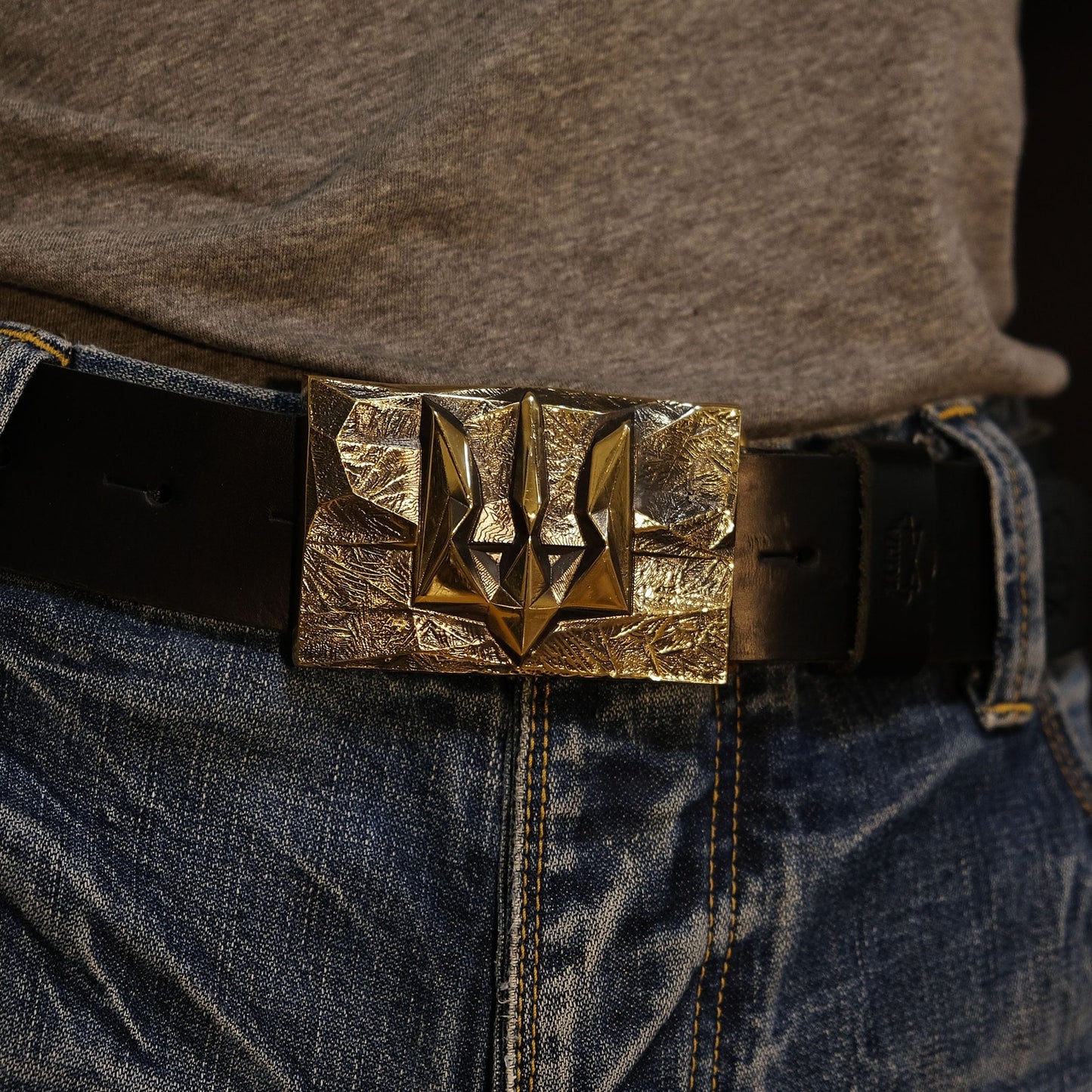 Leather Belt "Ice and Fire" with Brass Buckle