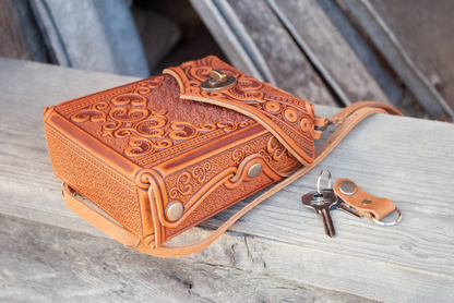 Small Rust Leather Crossbody Backpack with Boho Ornament