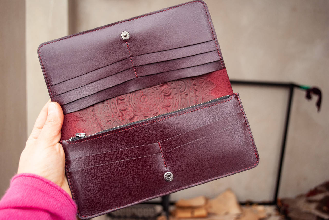 Burgundy Women’s Leather Wallet with Mandala Embossing