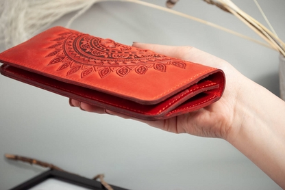 Women's Long Red Leather Wallet with "Mandala" Embossing