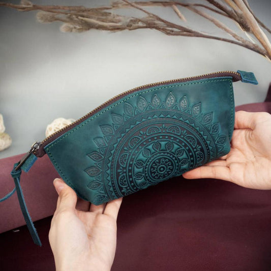 Leather Makeup Bag with "Sun Mandala" Embossing, Sea Wave Color