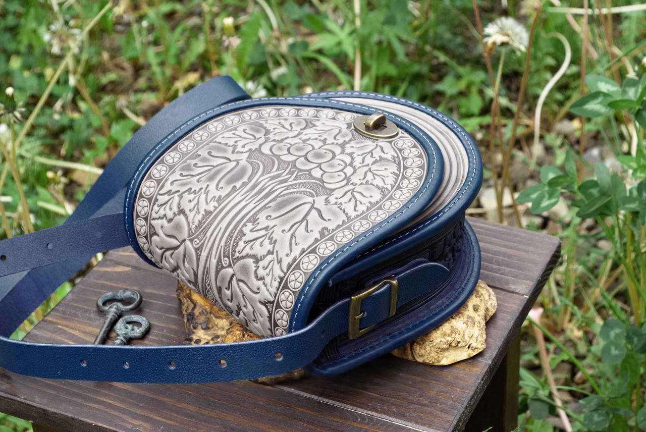 Gray and Blue Leather Crossbody Bag with Boho Embossing