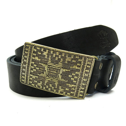 Leather Belt with Handmade Brass Buckle "Plakhta"