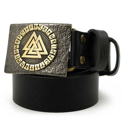 Leather Belt "Valknut" with Brass Buckle