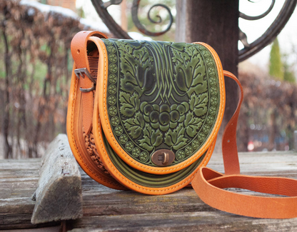 Olive and Ginger Leather Crossbody Bag with Boho Embossing