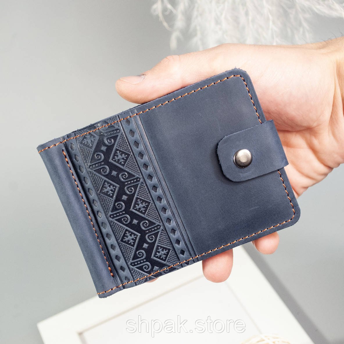 Dark Blue Leather Money Clip with Coin Holder and Folk Ornament Embossing