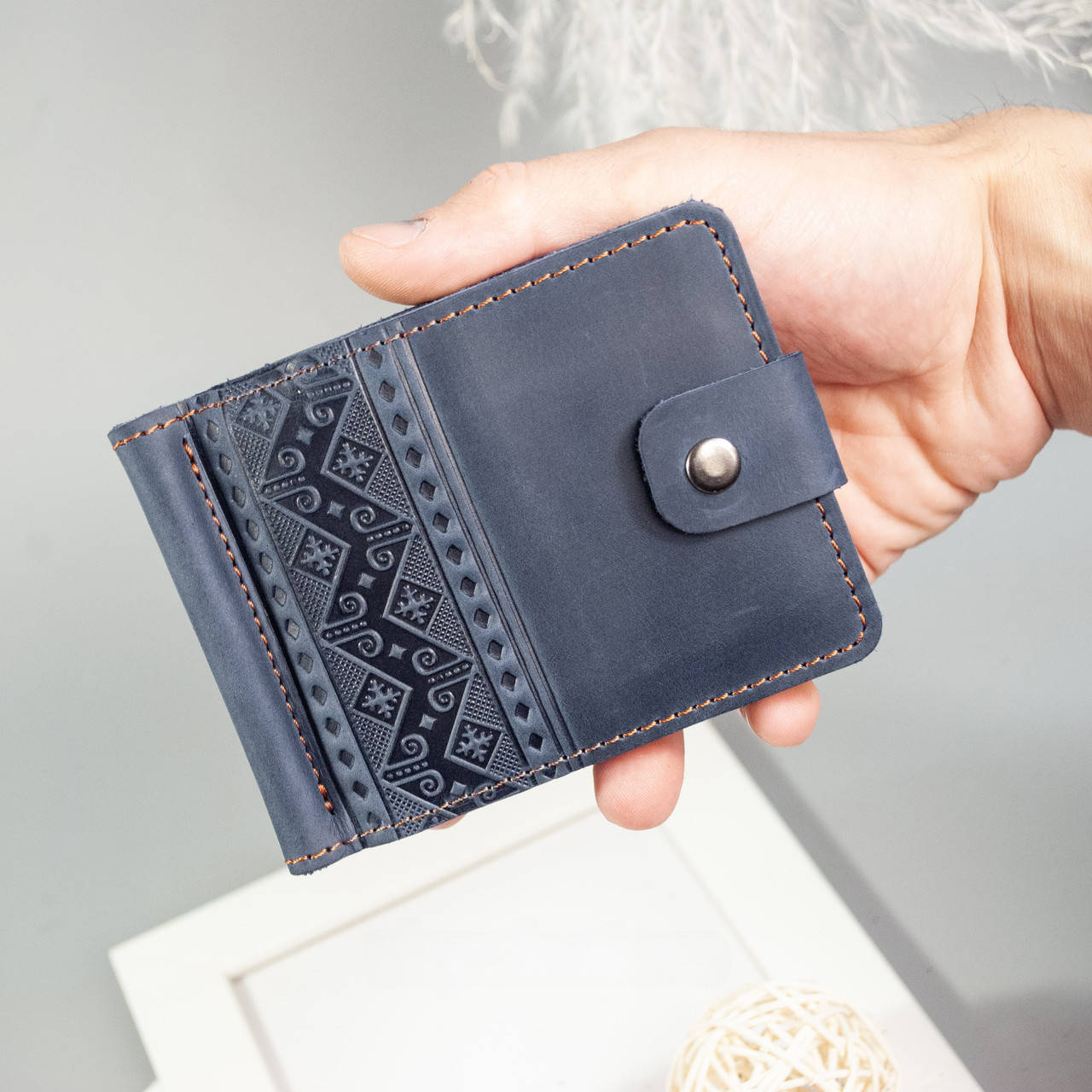 Dark Blue Leather Money Clip with Coin Holder and Folk Ornament Embossing