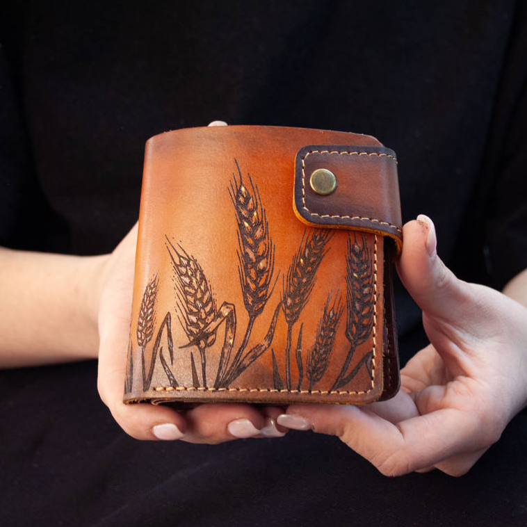 Women's Leather Wallet with Wheat Embossing (Rusty-Brown)