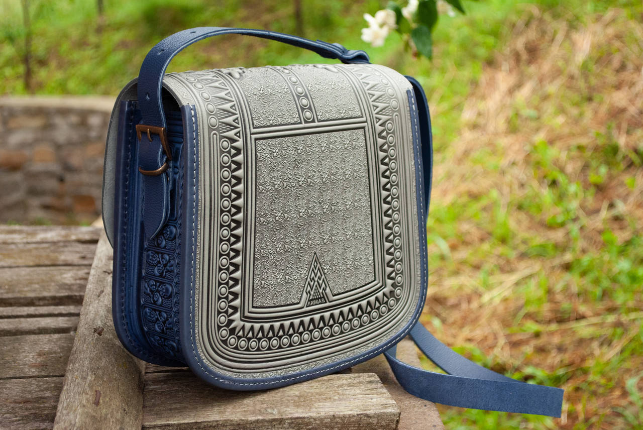 Leather Bag with Embossing, Gray with Blue