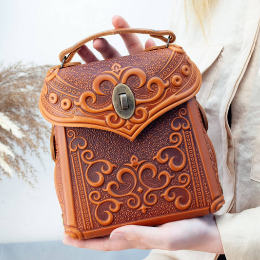 Small Rust Leather Crossbody Backpack with Boho Ornament