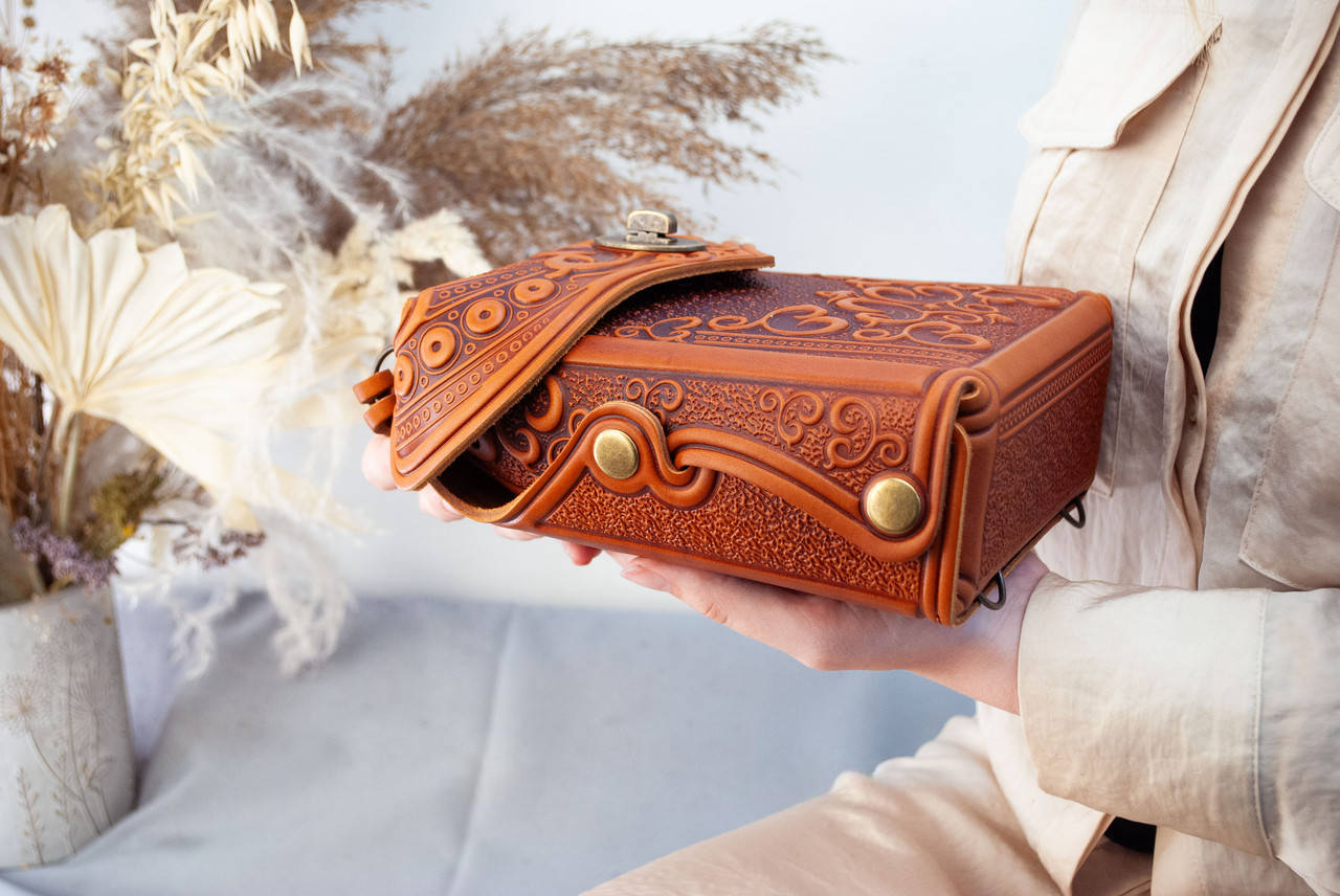 Small Rust Leather Crossbody Backpack with Boho Ornament