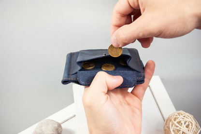 Dark Blue Leather Money Clip with Coin Holder and Folk Ornament Embossing