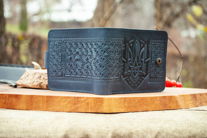 Dark Blue Men's Leather Wallet with Ukrainian Trident Emblem