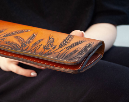 Women's Long Leather Wallet with Wheat Stalk Embossing – Rusty Brown